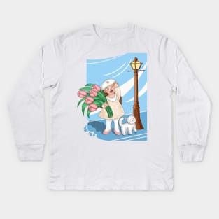 Girl carrying tulips against a strong wind Kids Long Sleeve T-Shirt